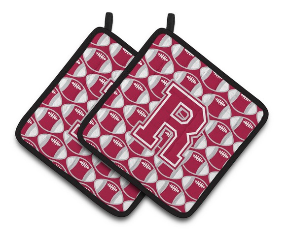 Letter R Football Crimson - Grey & White Pair of Pot Holders - 7.5 x 3 x 7.5 in.