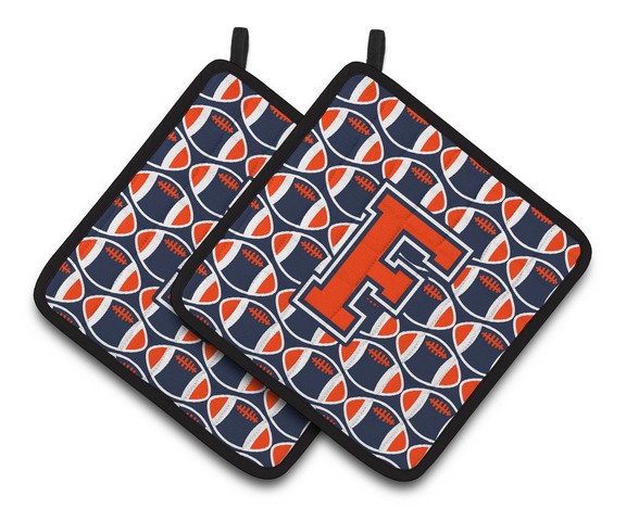 Letter F Football Orange - Blue & White Pair of Pot Holders
