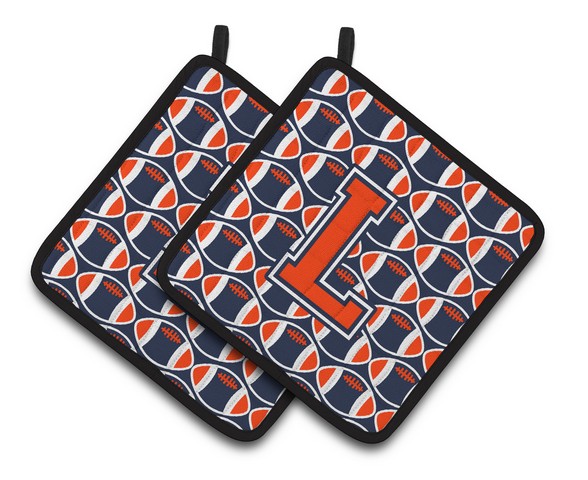 Letter L Football Orange - Blue & White Pair of Pot Holders
