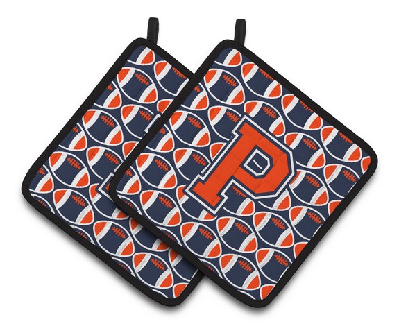 CJ1066-PPTHD Letter P Football Orange, Blue & White Pair of Pot Holders, 7.5 x 3 x 7.5 in.