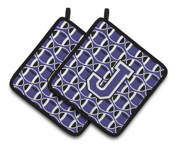 Letter J Football Purple & White Pair of Pot Holders