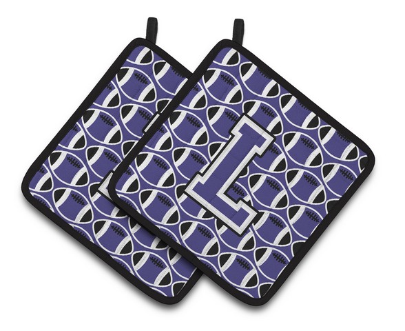 Letter L Football Purple & White Pair of Pot Holders - 7.5 x 3 x 7.5 in.
