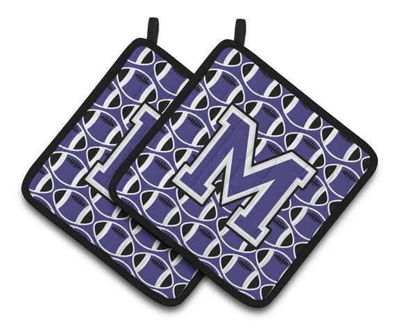 Letter M Football Purple & White Pair of Pot Holders