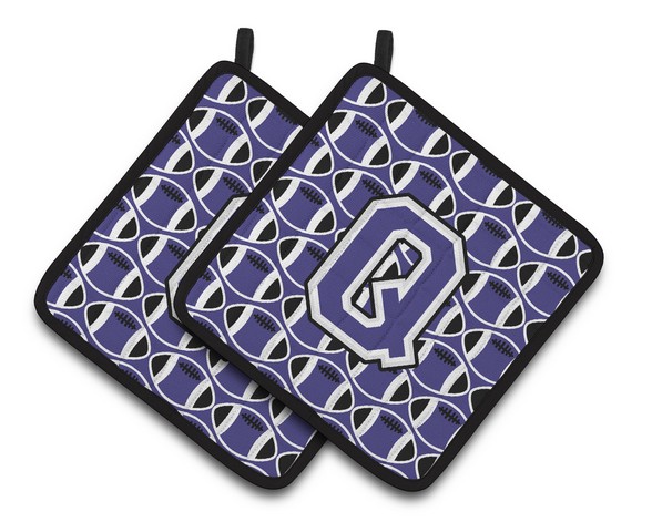 Letter Q Football Purple & White Pair of Pot Holders