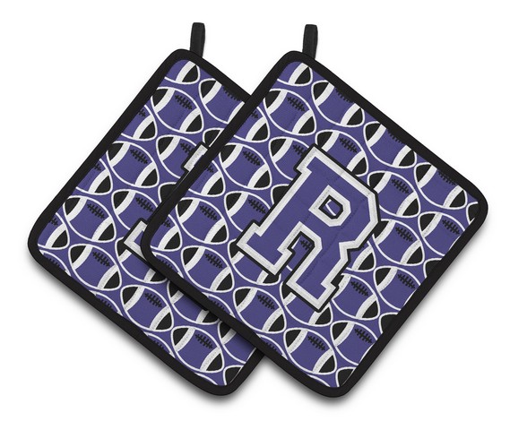 Letter R Football Purple & White Pair of Pot Holders