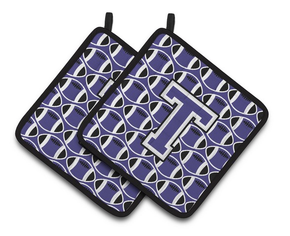 Letter T Football Purple & White Pair of Pot Holders - 7.5 x 3 x 7.5 in.
