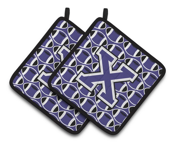 Letter X Football Purple & White Pair of Pot Holders