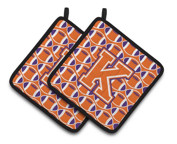 CJ1072-KPTHD Letter K Football Orange, White & Regalia Pair of Pot Holders, 7.5 x 3 x 7.5 in.