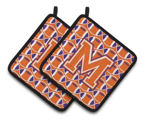 CJ1072-MPTHD Letter M Football Orange, White & Regalia Pair of Pot Holders, 7.5 x 3 x 7.5 in.