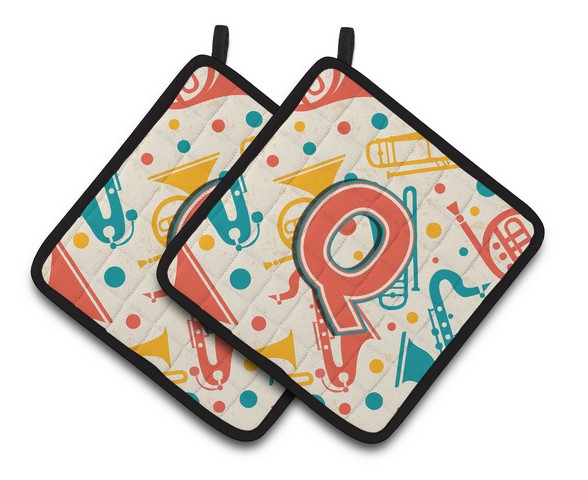 Letter Q Retro Teal Orange Musical Instruments Initial Pair of Pot Holders - 7.5 x 3 x 7.5 in.
