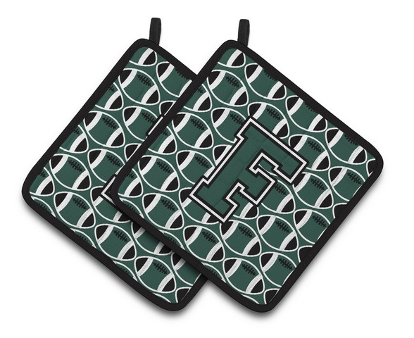 CJ1071-FPTHD Letter F Football Green & White Pair of Pot Holders, 7.5 x 3 x 7.5 in.