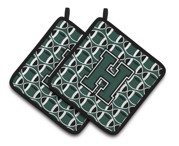 CJ1071-HPTHD Letter H Football Green & White Pair of Pot Holders, 7.5 x 3 x 7.5 in.
