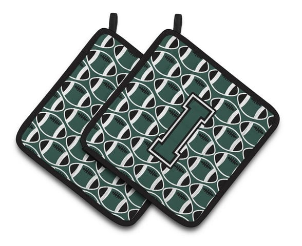CJ1071-IPTHD Letter I Football Green & White Pair of Pot Holders, 7.5 x 3 x 7.5 in.