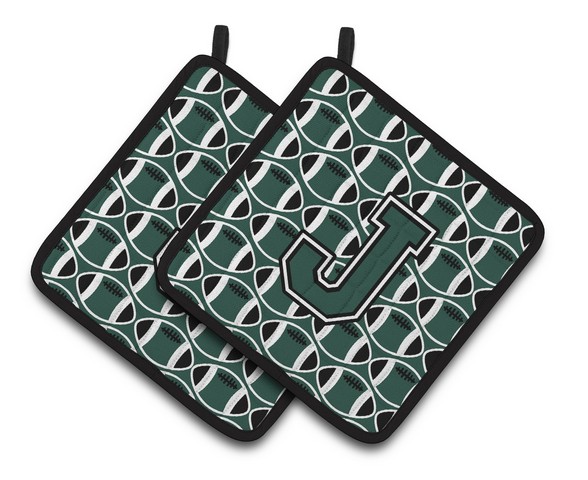Letter J Football Green & White Pair of Pot Holders - 7.5 x 3 x 7.5 in.