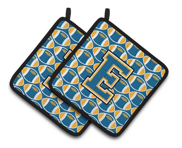 Letter E Football Blue & Gold Pair of Pot Holders