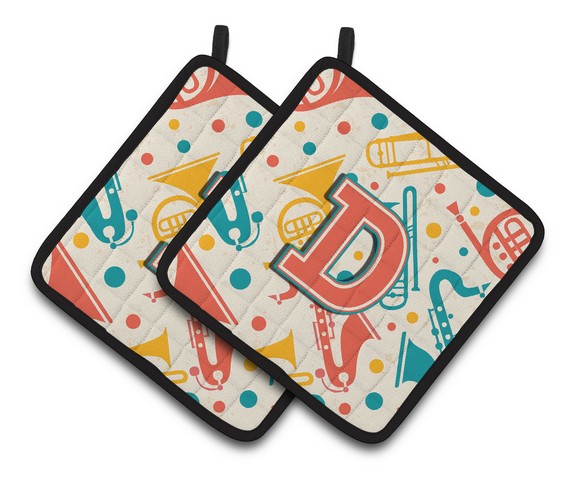 Letter D Retro Teal Orange Musical Instruments Initial Pair of Pot Holders