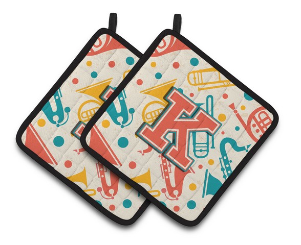 Letter K Retro Teal Orange Musical Instruments Initial Pair of Pot Holders 7.5 x 3 x 7.5 in.