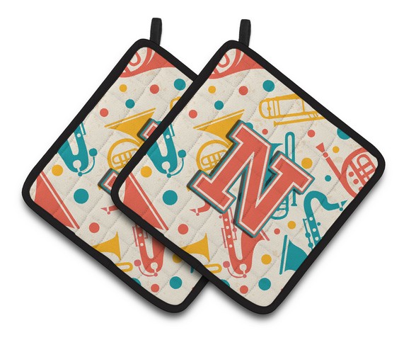CJ2001-NPTHD Letter N Retro Teal Orange Musical Instruments Initial Pair of Pot Holders, 7.5 x 3 x 7.5 in.