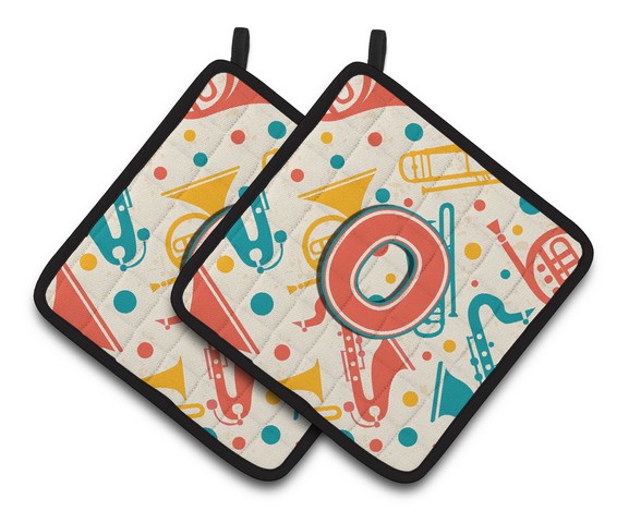 Letter O Retro Teal Orange Musical Instruments Initial Pair of Pot Holders 7.5 x 3 x 7.5 in.