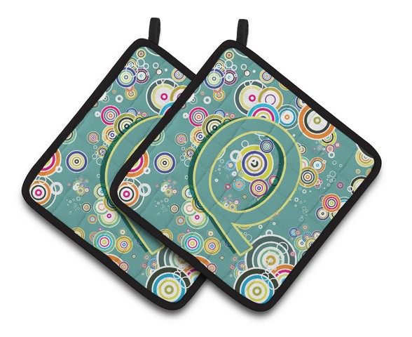 Letter Q Circle Circle Teal Initial Alphabet Pair of Pot Holders