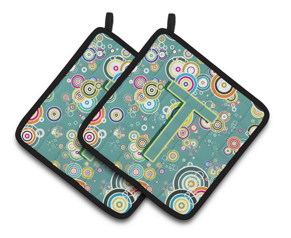 Letter T Circle Circle Teal Initial Alphabet Pair of Pot Holders
