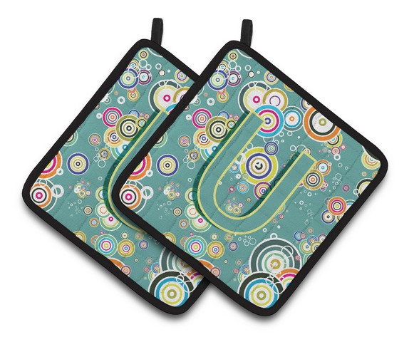 Letter U Circle Circle Teal Initial Alphabet Pair of Pot Holders