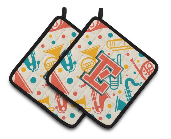 CJ2001-EPTHD Letter E Retro Teal Orange Musical Instruments Initial Pair of Pot Holders, 7.5 x 3 x 7.5 in.