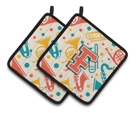 CJ2001-FPTHD Letter F Retro Teal Orange Musical Instruments Initial Pair of Pot Holders, 7.5 x 3 x 7.5 in.