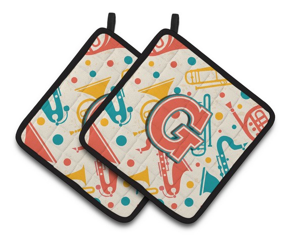 CJ2001-GPTHD Letter G Retro Teal Orange Musical Instruments Initial Pair of Pot Holders, 7.5 x 3 x 7.5 in.