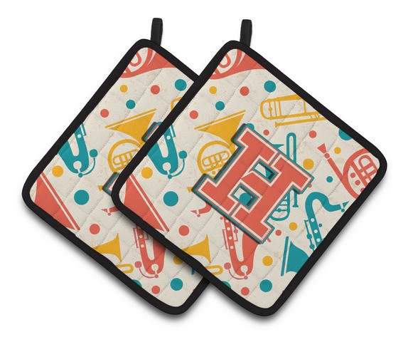CJ2001-HPTHD Letter H Retro Teal Orange Musical Instruments Initial Pair of Pot Holders, 7.5 x 3 x 7.5 in.