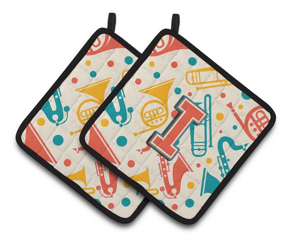 Letter I Retro Teal Orange Musical Instruments Initial Pair of Pot Holders