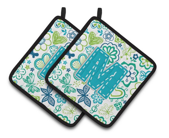 CJ2006-MPTHD Letter M Flowers & Butterflies Teal Blue Pair of Pot Holders, 7.5 x 3 x 7.5 in.
