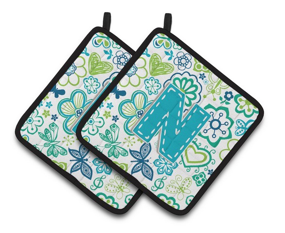 Letter N Flowers & Butterflies Teal Blue Pair of Pot Holders