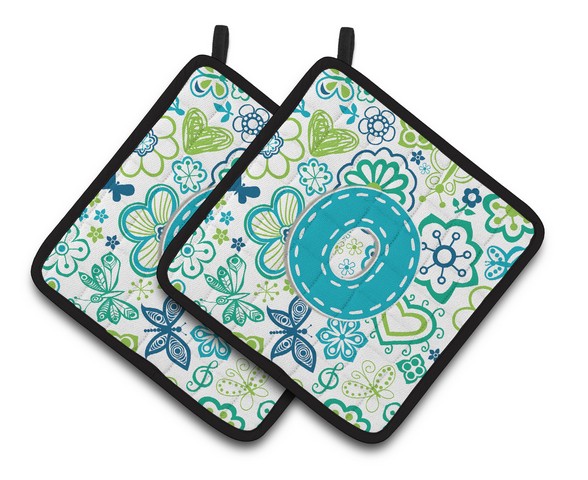 Letter O Flowers & Butterflies Teal Blue Pair of Pot Holders
