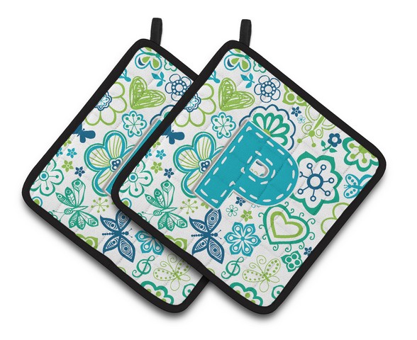 Letter P Flowers & Butterflies Teal Blue Pair of Pot Holders
