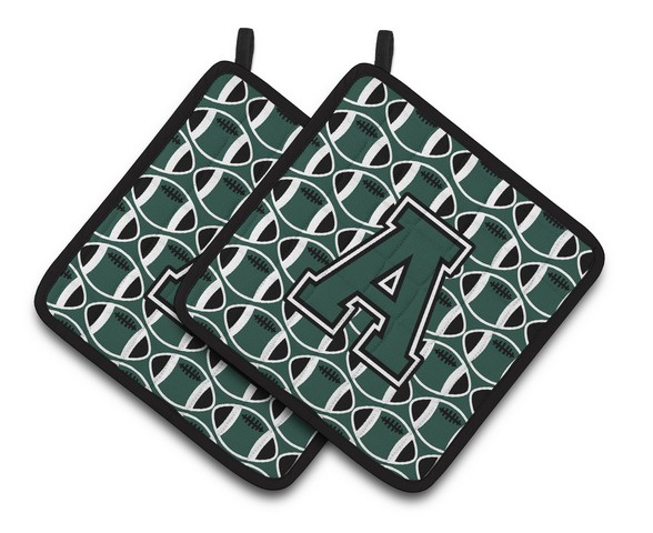 CJ1071-APTHD Letter A Football Green & White Pair of Pot Holders, 7.5 x 3 x 7.5 in.