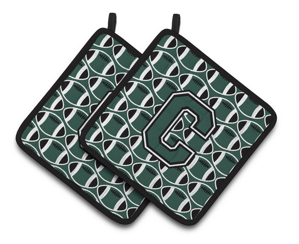 CJ1071-CPTHD Letter C Football Green & White Pair of Pot Holders, 7.5 x 3 x 7.5 in.