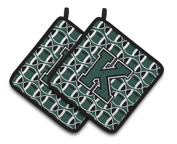 CJ1071-KPTHD Letter K Football Green & White Pair of Pot Holders, 7.5 x 3 x 7.5 in.