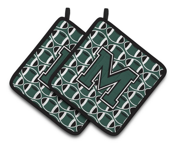 CJ1071-MPTHD Letter M Football Green & White Pair of Pot Holders, 7.5 x 3 x 7.5 in.