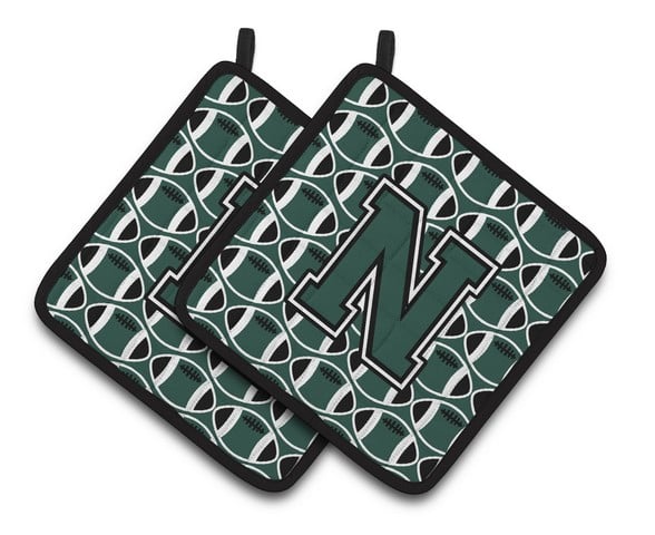 CJ1071-NPTHD Letter N Football Green & White Pair of Pot Holders, 7.5 x 3 x 7.5 in.