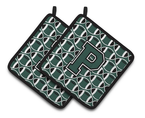 CJ1071-PPTHD Letter P Football Green & White Pair of Pot Holders, 7.5 x 3 x 7.5 in.
