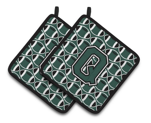 Letter Q Football Green & White Pair of Pot Holders