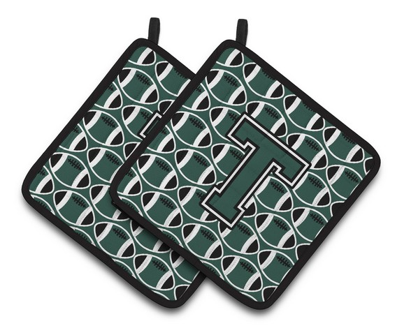 Letter T Football Green & White Pair of Pot Holders - 7.5 x 3 x 7.5 in.