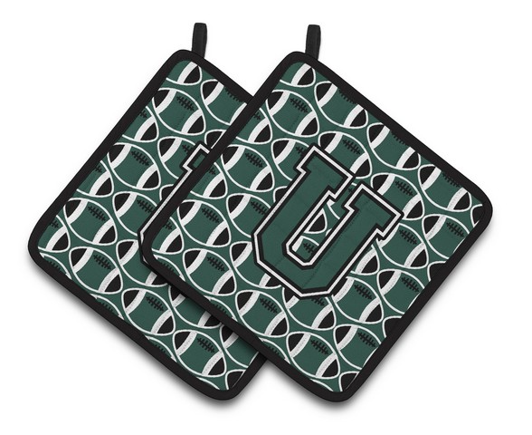 CJ1071-UPTHD Letter U Football Green & White Pair of Pot Holders, 7.5 x 3 x 7.5 in.
