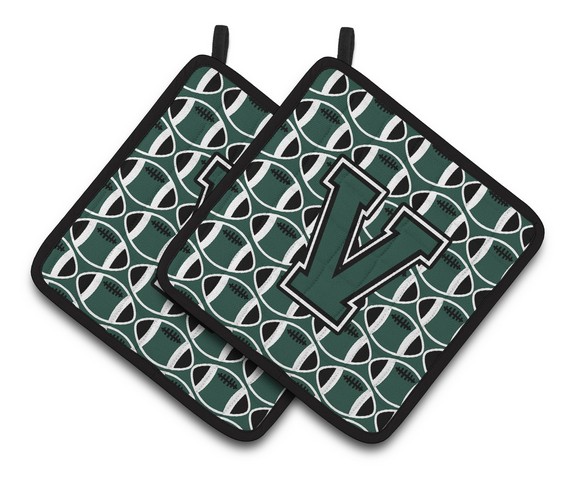CJ1071-VPTHD Letter V Football Green & White Pair of Pot Holders, 7.5 x 3 x 7.5 in.