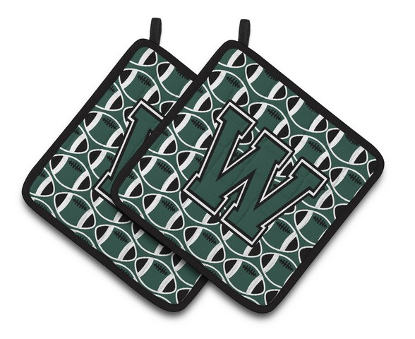Letter W Football Green & White Pair of Pot Holders