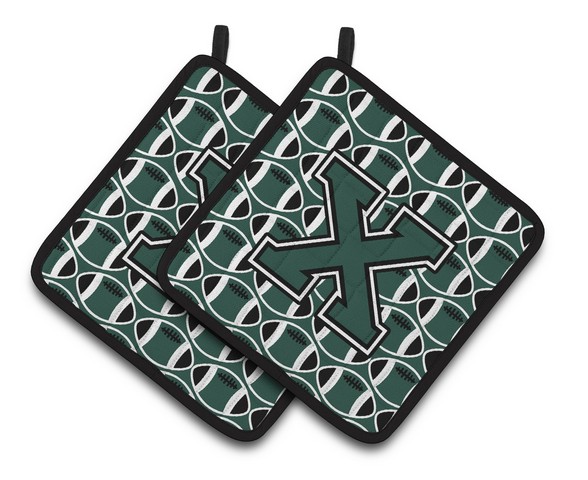 Letter X Football Green & White Pair of Pot Holders - 7.5 x 3 x 7.5 in.