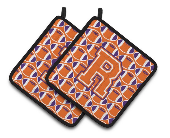 CJ1072-RPTHD Letter R Football Orange, White & Regalia Pair of Pot Holders, 7.5 x 3 x 7.5 in.