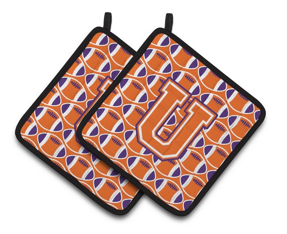 CJ1072-UPTHD Letter U Football Orange, White & Regalia Pair of Pot Holders, 7.5 x 3 x 7.5 in.