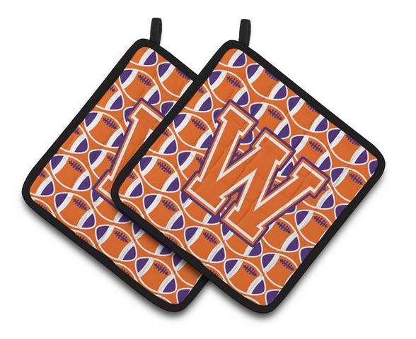 CJ1072-WPTHD Letter W Football Orange, White & Regalia Pair of Pot Holders, 7.5 x 3 x 7.5 in.